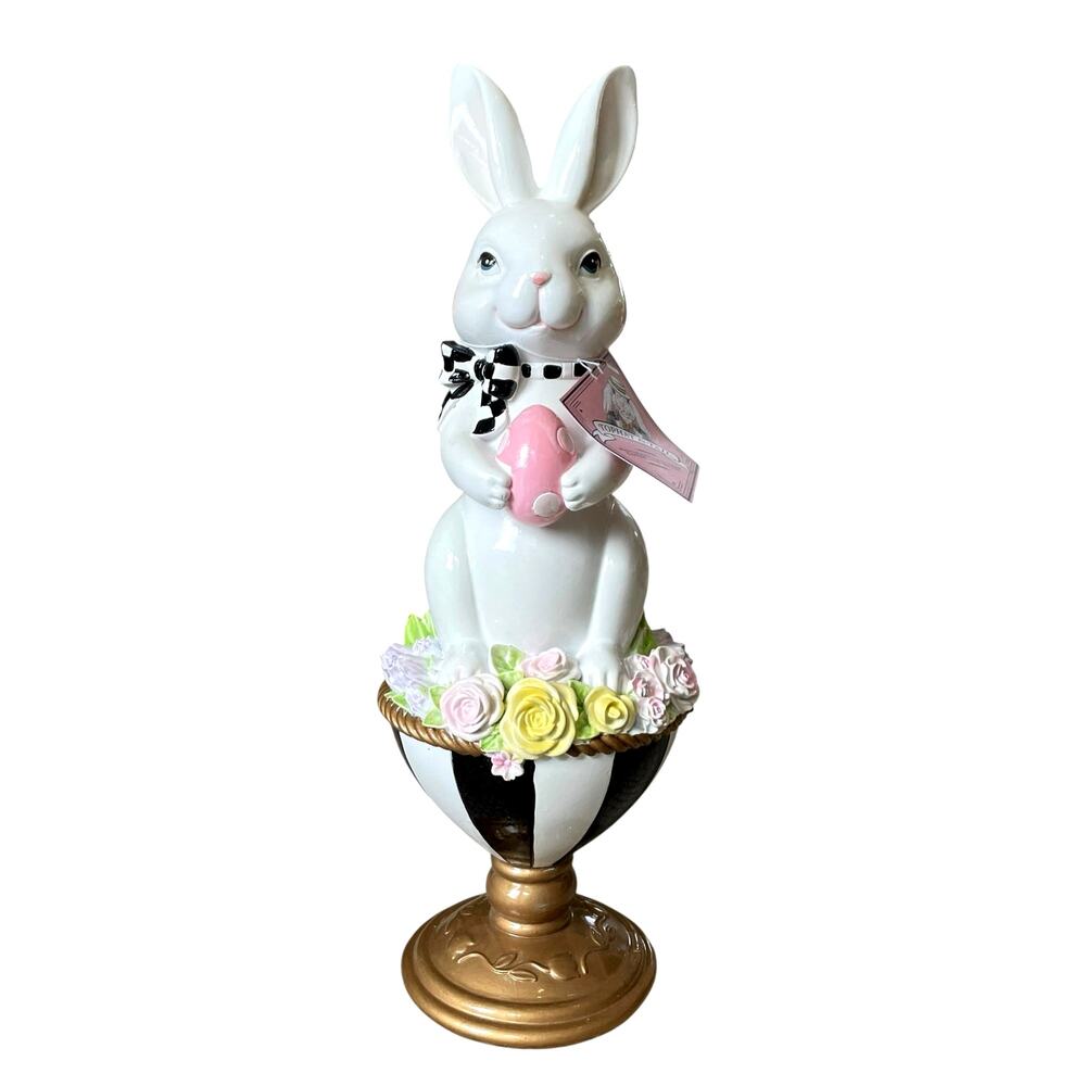 TOPHAT & TAIL Easter Bunny Rabbit On Flower Pedestal Egg 15" Mackenzie Style NEW